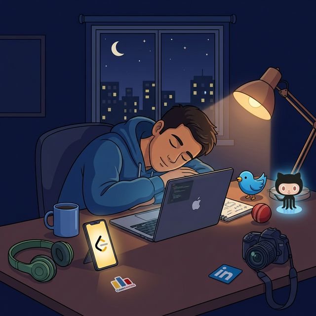 Illustrated desk scene at night — Kaushal sleeping at his desk