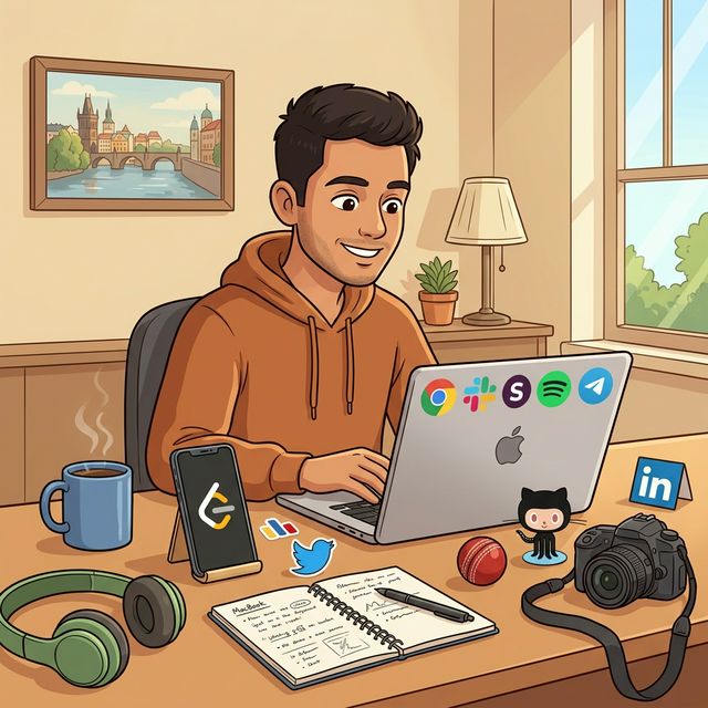 Illustrated desk scene in daylight — Kaushal at his workspace